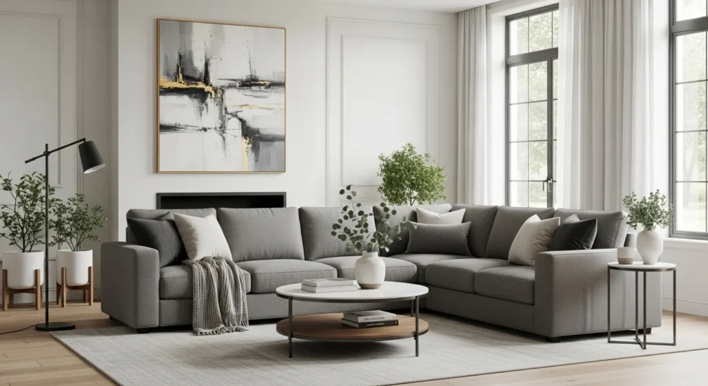 living room with neutral grey sectional sofa modern balanced decor