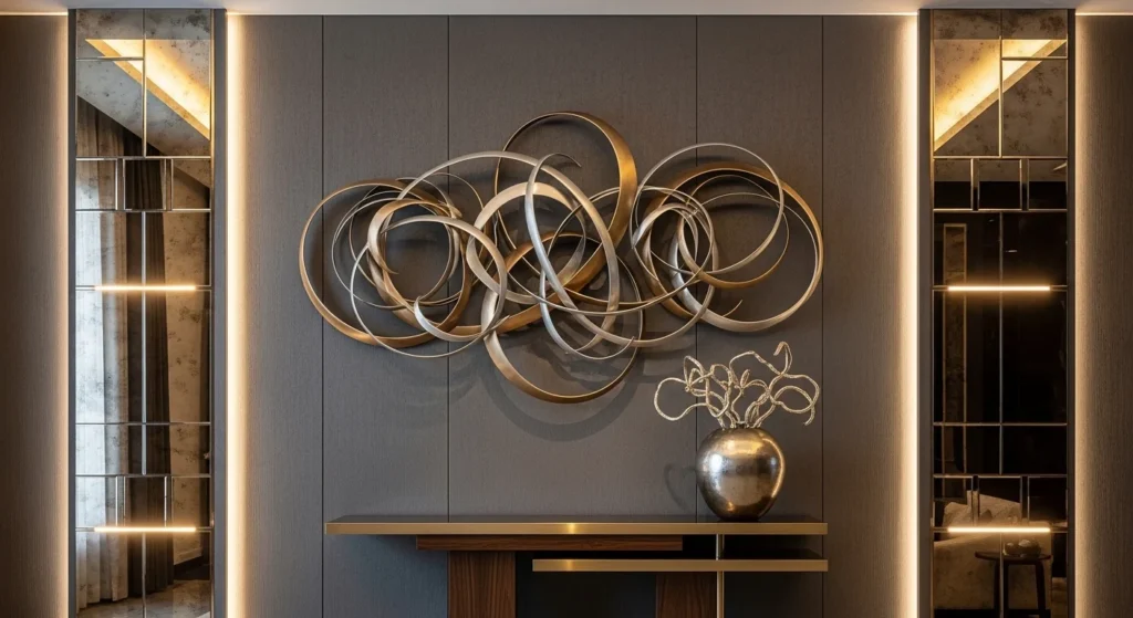 living room metallic wall decor gold accents luxury aesthetic