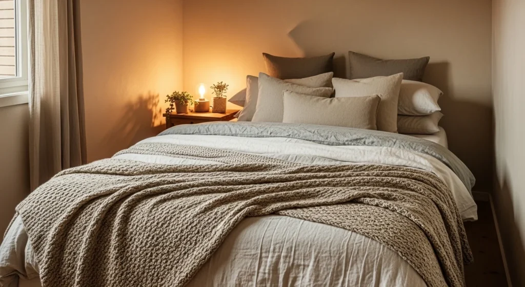 small bedroom with layered bedding creating cozy and stylish look