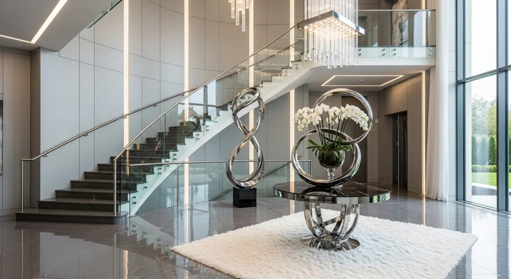 foyer with glass and metallic accents adding modern elegance