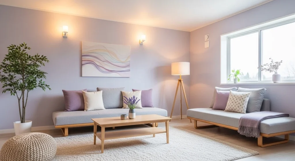 living room with lavender wall color soft calm modern aesthetic