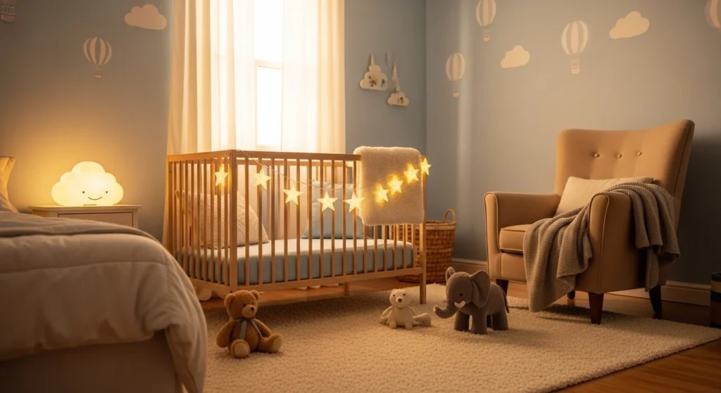 boys nursery warm lighting cozy soft glow environment