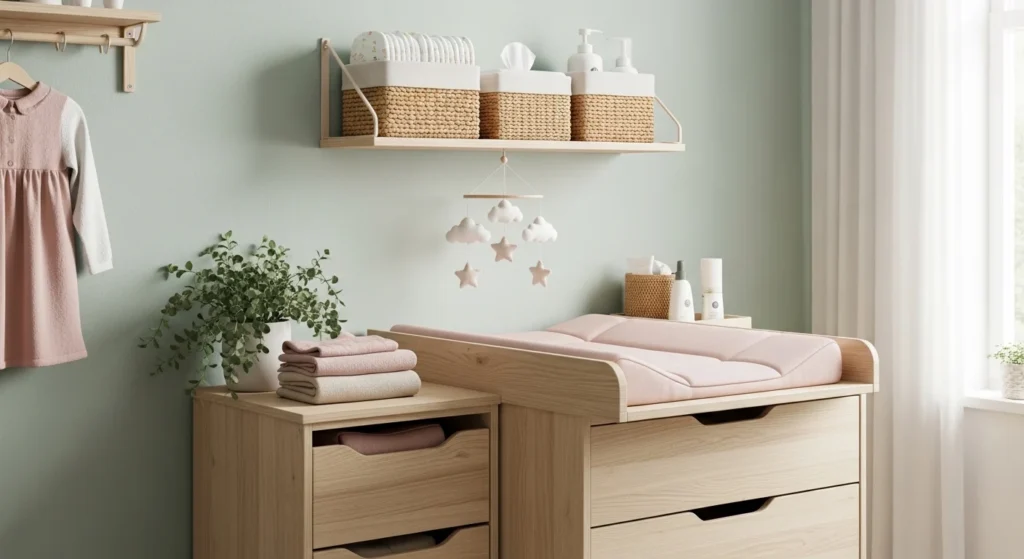 girls nursery with compact changing station organized design