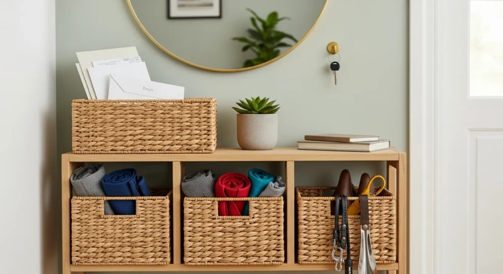 small entryway with basket storage for organized and clean look