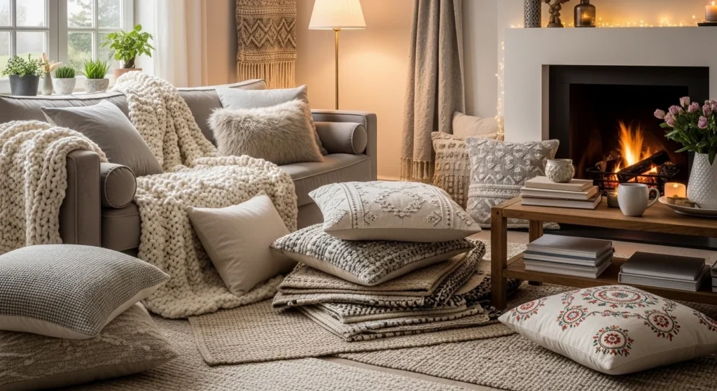 living room with layered cushions throws and rugs cozy design