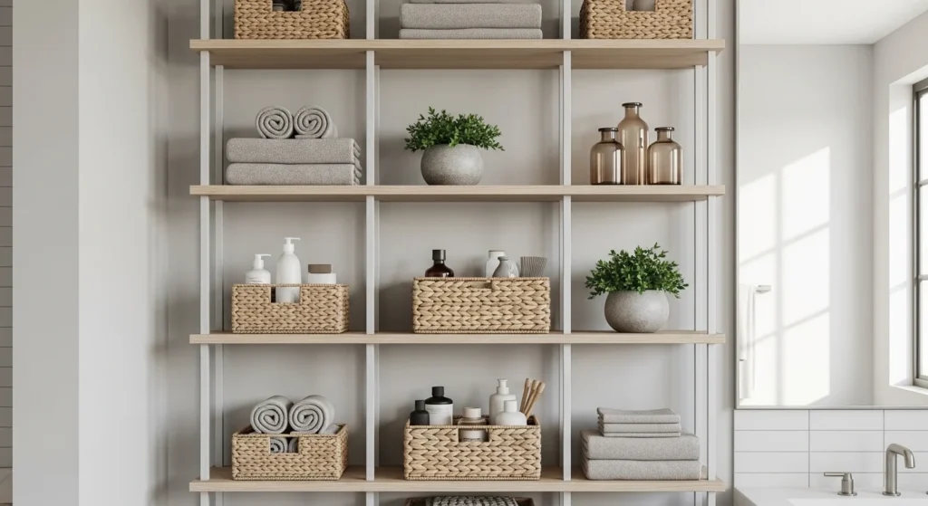 bathroom with open shelves organized and modern interior look