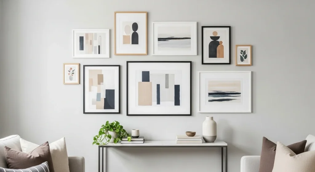 small living room wall gallery with aesthetic frames decor