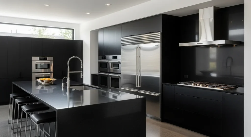 black kitchen with stainless steel appliances modern sleek look