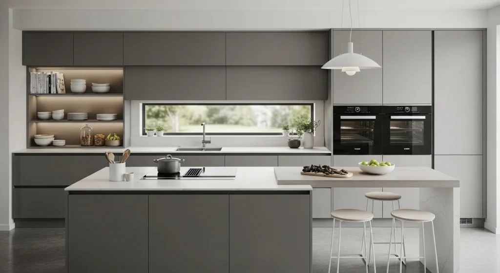 kitchen layout with high storage cabinets organized modern design