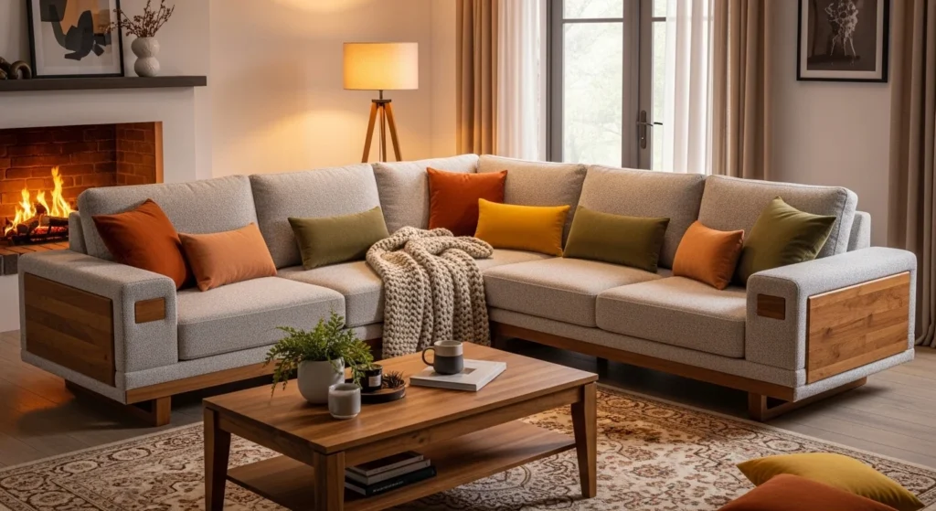 living room sectional sofa with wooden accents warm cozy style