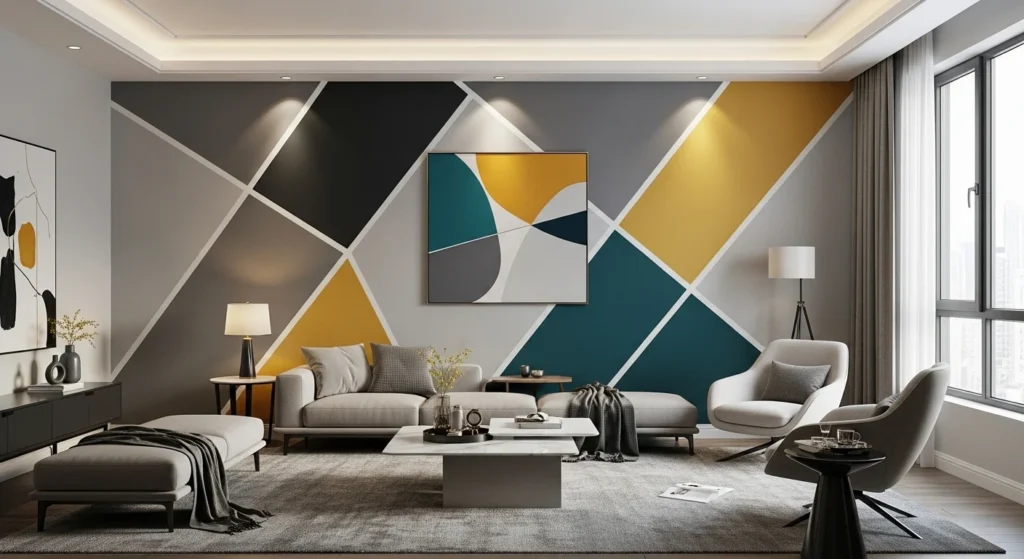 living room geometric wall design modern stylish pattern decor