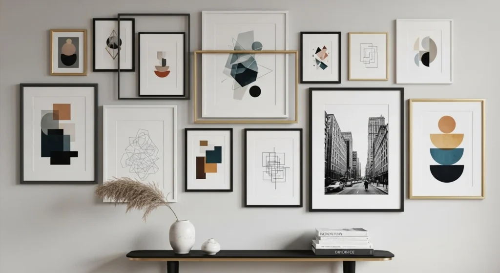 living room layered art frames modern relaxed decor style