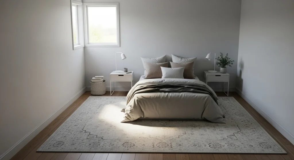 small bedroom with light rug defining space and adding warmth