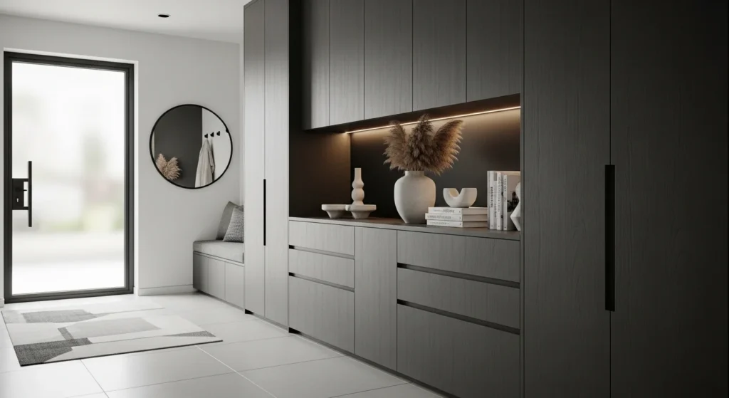 foyer with built in storage creating clean and seamless look