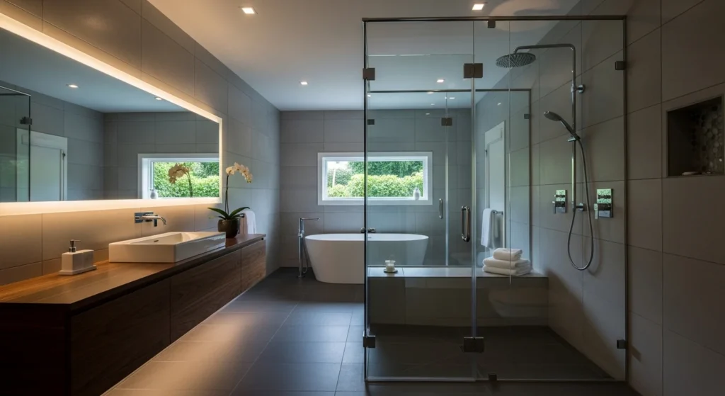 bathroom with frameless glass shower clean modern spa look