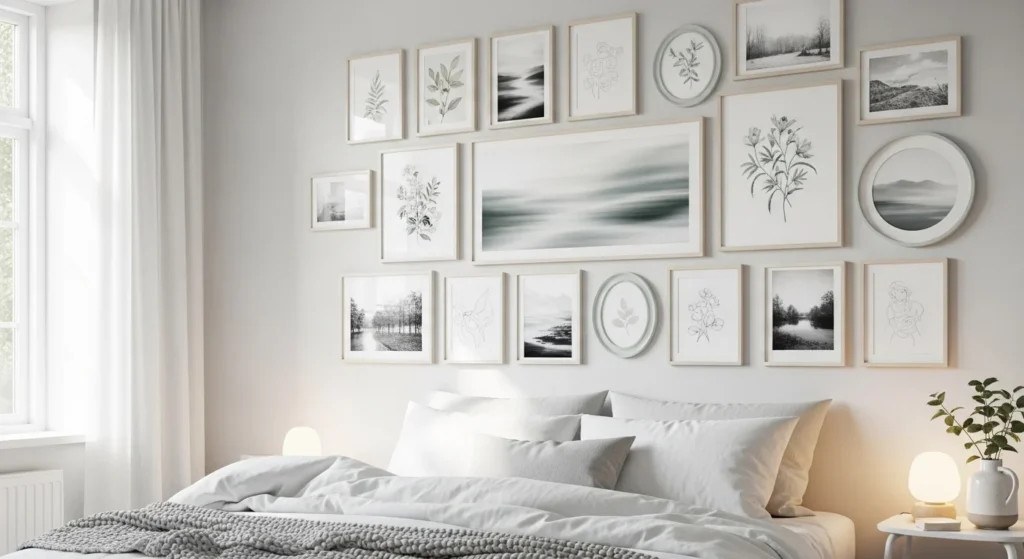 gallery wall bedroom aesthetic with frames photos and soft tones