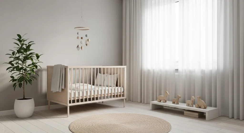 minimalist boys nursery with neutral tones and clean layout