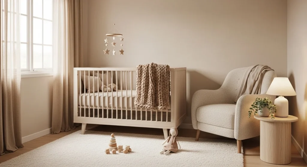 girls nursery with beige tones creating calm and cozy atmosphere