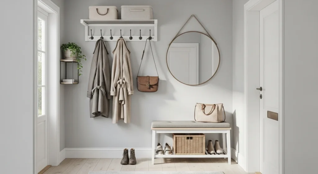 small entryway with wall hooks for coats and bags organized neatly