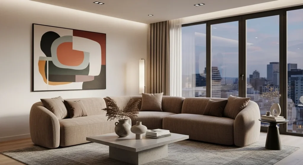 living room with statement sofa as focal point modern stylish setup