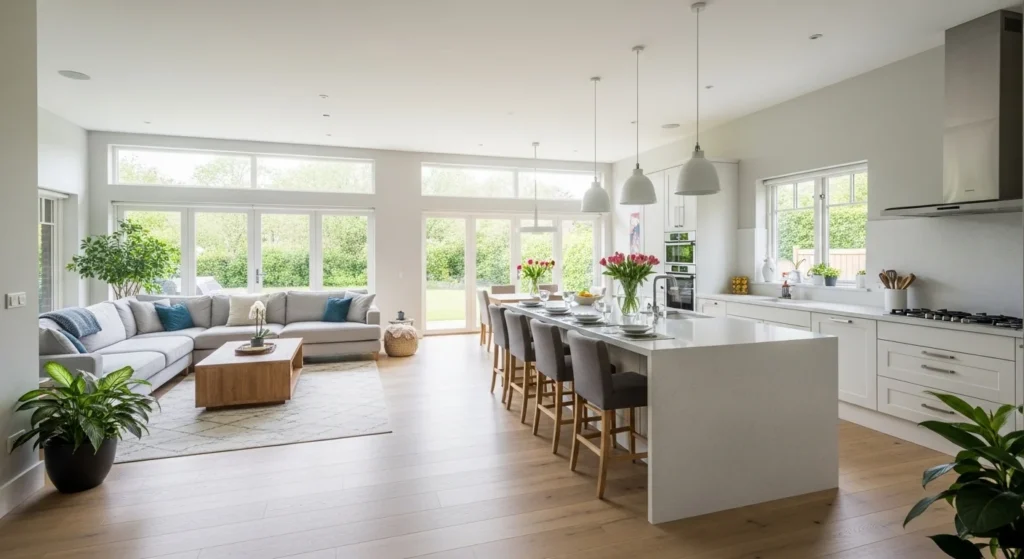 open concept kitchen connected to living area with bright spacious design