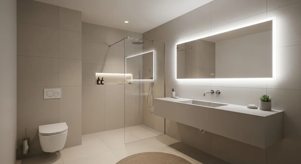 minimalist bathroom with clean lines and modern neutral interior design