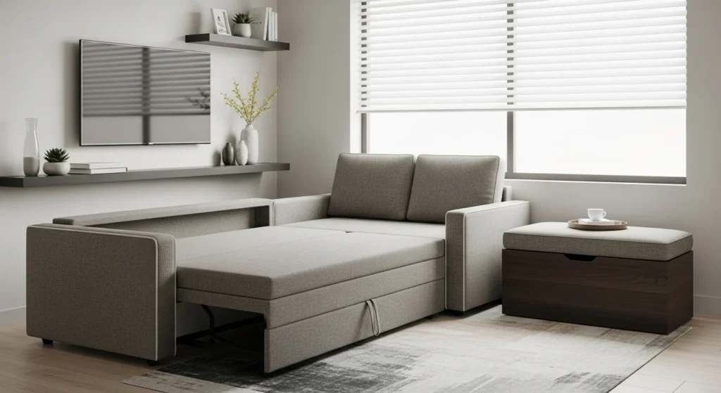 small living room with multifunctional furniture for space saving layout