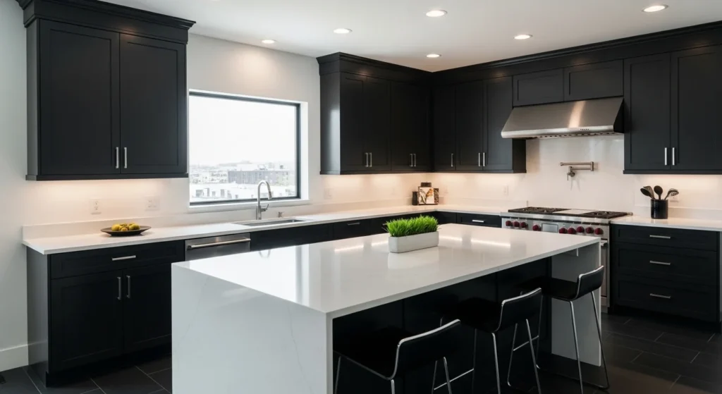 black and white kitchen high contrast modern clean layout