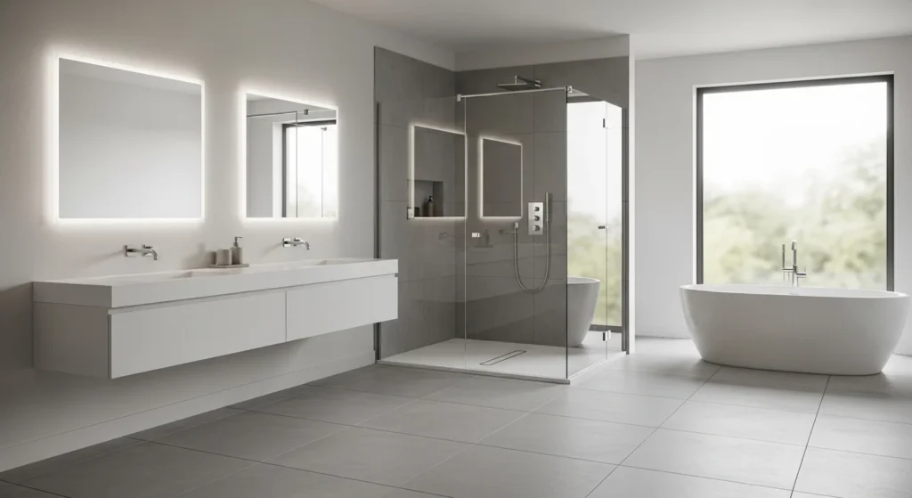 modern bathroom with walk in shower and glass enclosure open layout