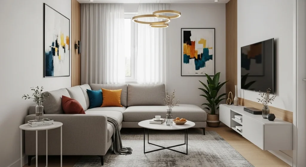 small living room with L shaped sectional sofa space saving layout