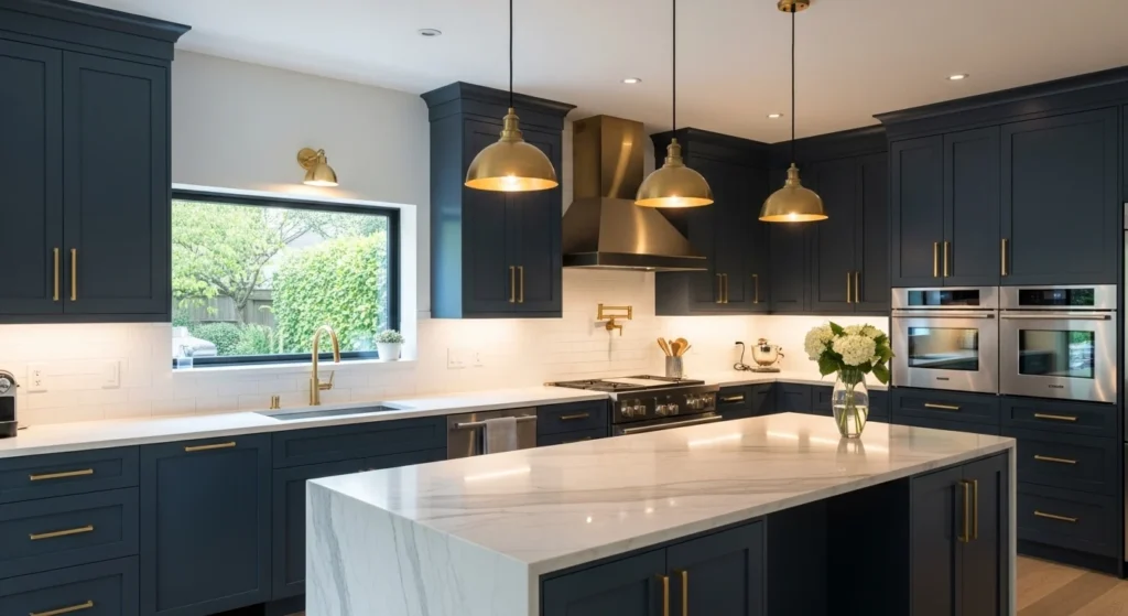 navy blue kitchen with gold accents creating luxury modern look