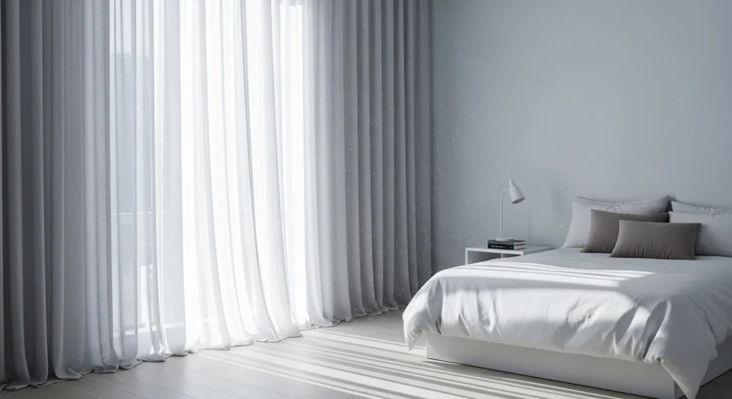 small bedroom with floor to ceiling curtains creating height illusion