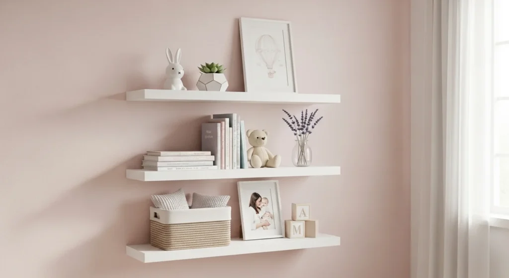 girls nursery with floating shelves minimal stylish storage
