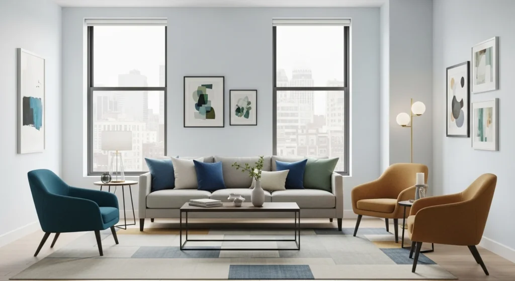 living room with balanced color palette cohesive modern design