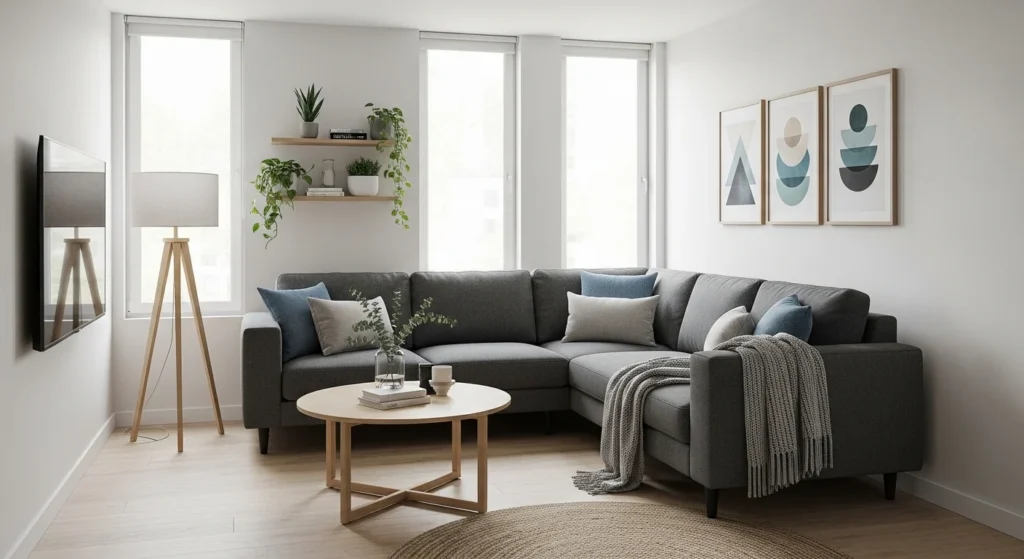 small apartment living room with compact sectional sofa modern layout
