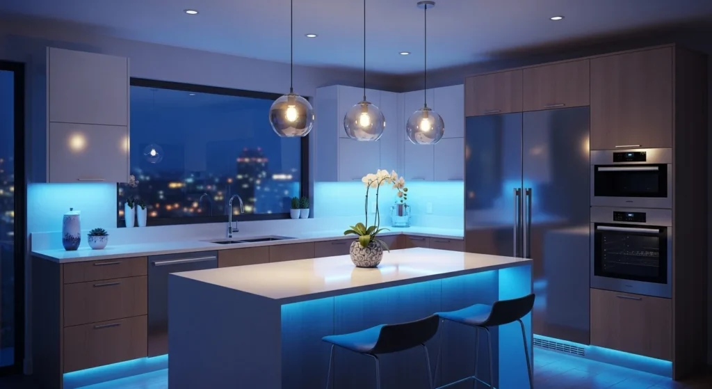 kitchen with soft blue lighting creating calm atmosphere