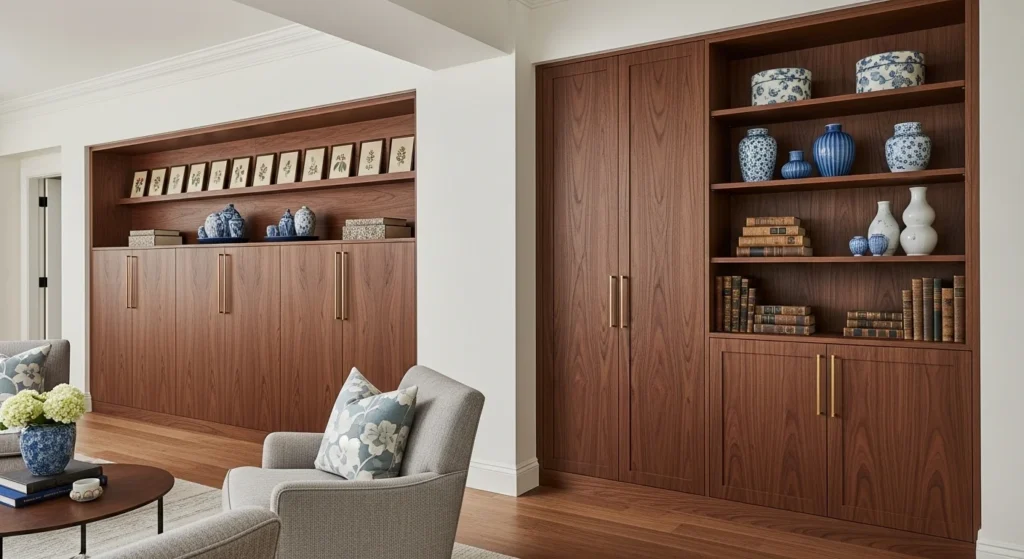 foyer with defined zones for seating storage and decor
