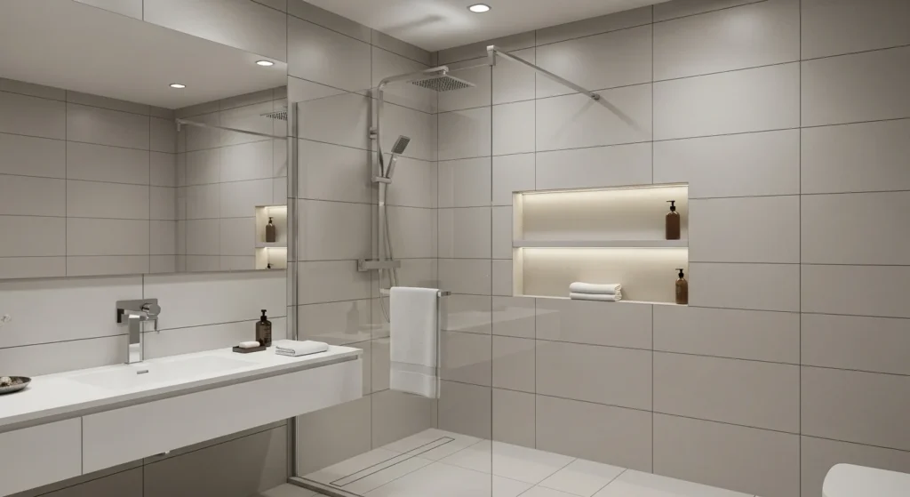 bathroom with built in niche storage clean modern design