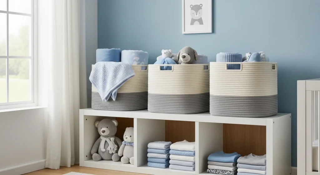 boys nursery organized with storage baskets clean setup
