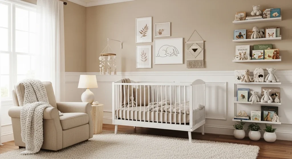 girls nursery neutral theme beige white calm cozy design