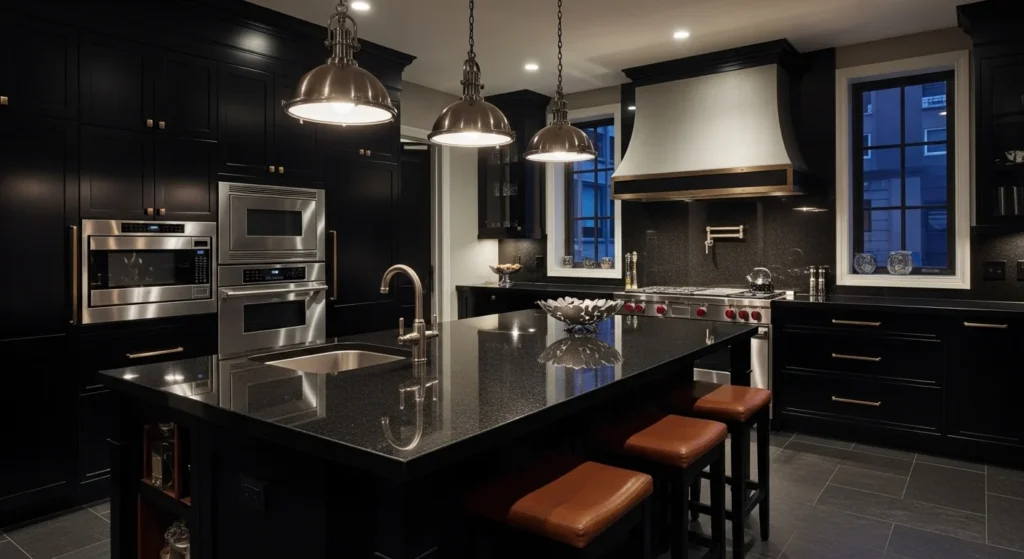 dark moody kitchen with black cabinets and luxury feel