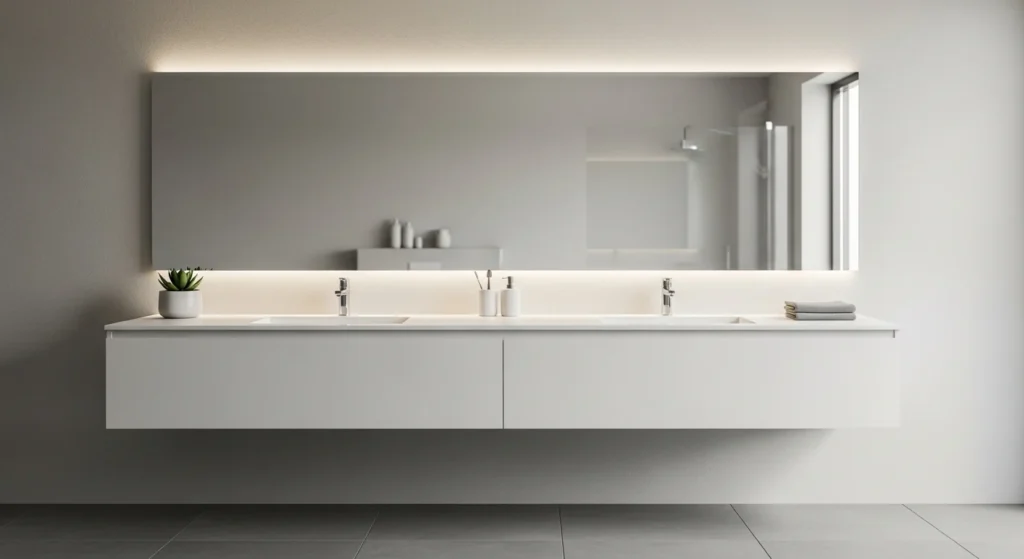 bathroom with frameless mirror creating sleek and spacious feel