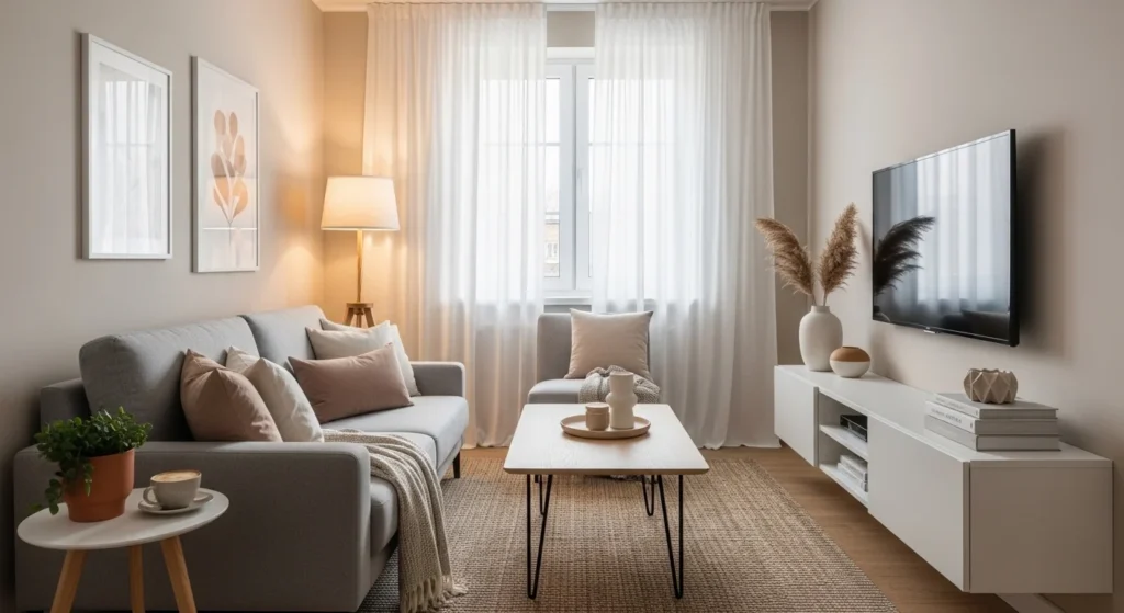 small living room with cohesive color palette modern design