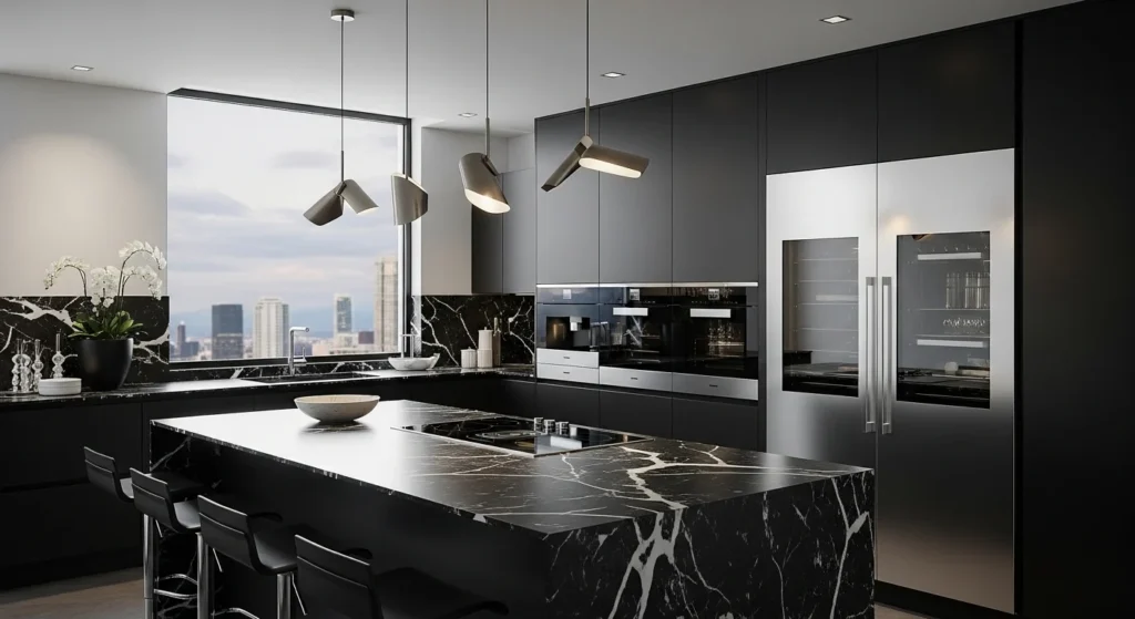 black kitchen with marble surfaces luxury modern style