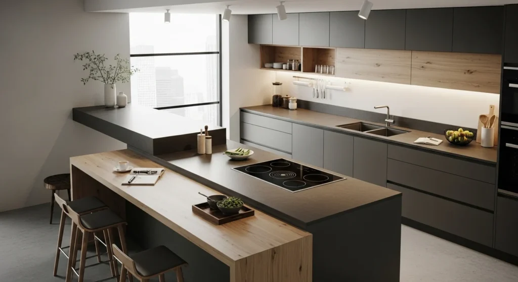 split level kitchen layout with multi height counters modern design