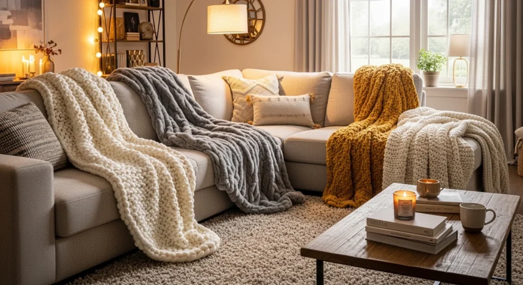 sectional sofa styled with throw blankets cozy living room aesthetic
