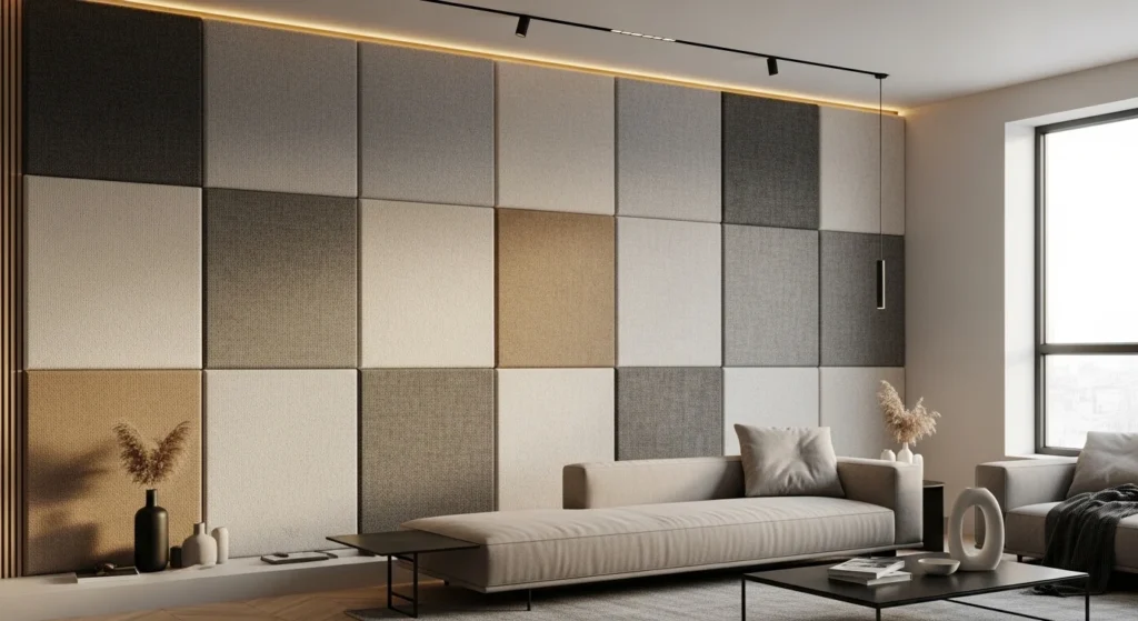 living room fabric wall panels soft texture modern interior