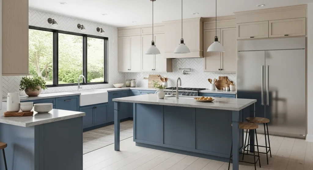 blue and neutral kitchen balanced calm modern design