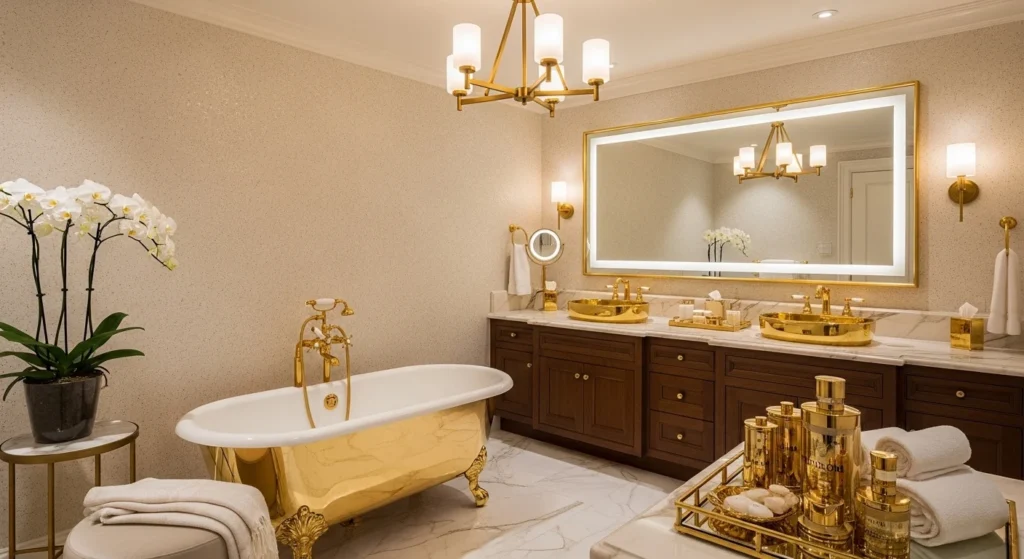 bathroom with gold and brass accents luxury spa aesthetic