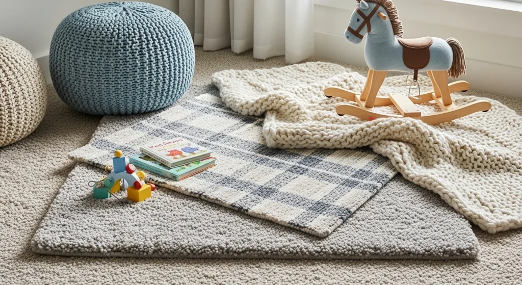 boys nursery with soft layered rugs cozy floor design